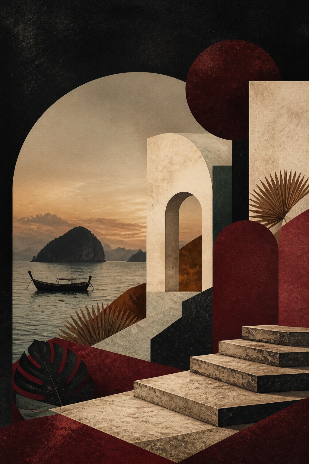 Abstract island landscape with architectural arches and stone steps