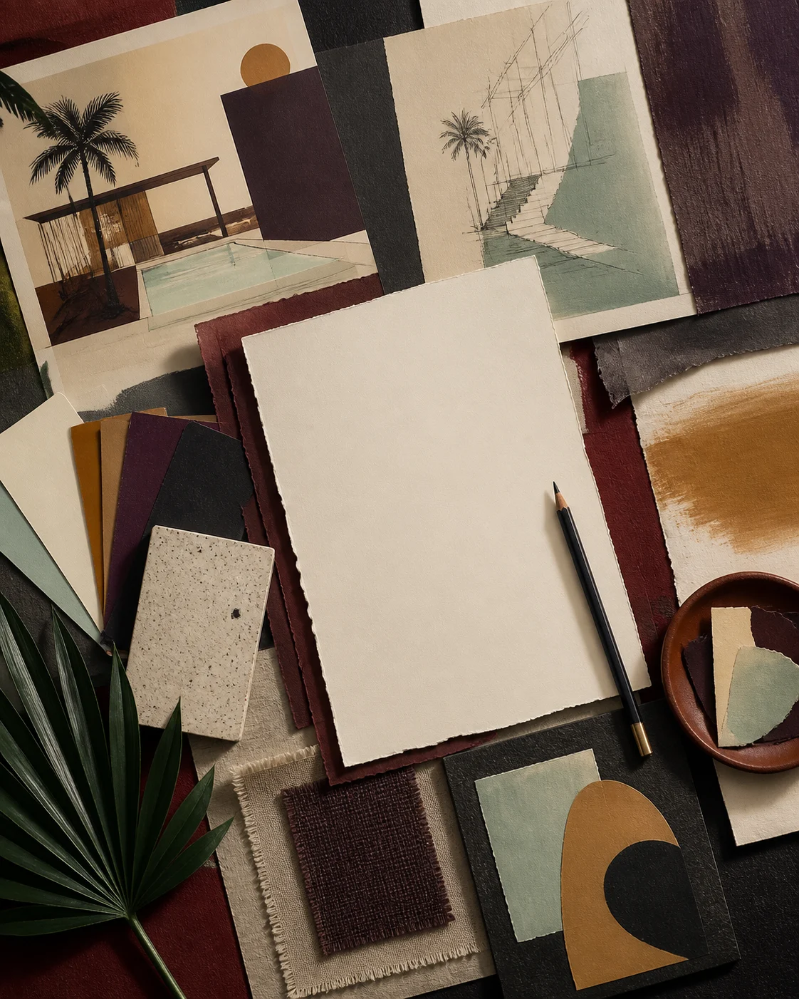 Campaign moodboards, architectural sketches, and material samples on a strategy table